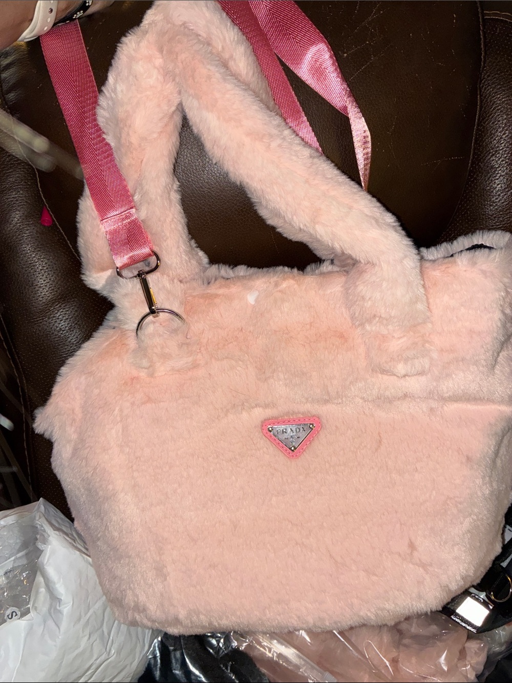 Prada Style Pale Pink Faux-Fur pet Tote with Satin Strap